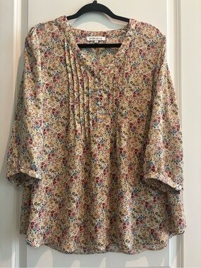 Rose + Olive Boho Floral Blouse 1X Flowy Peasant Top Boutique Style